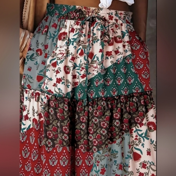 Bohemian Skirt With Pockets Long Green Red Brown Elastic Waist Boho Maxi Skirts - Picture 3 of 8